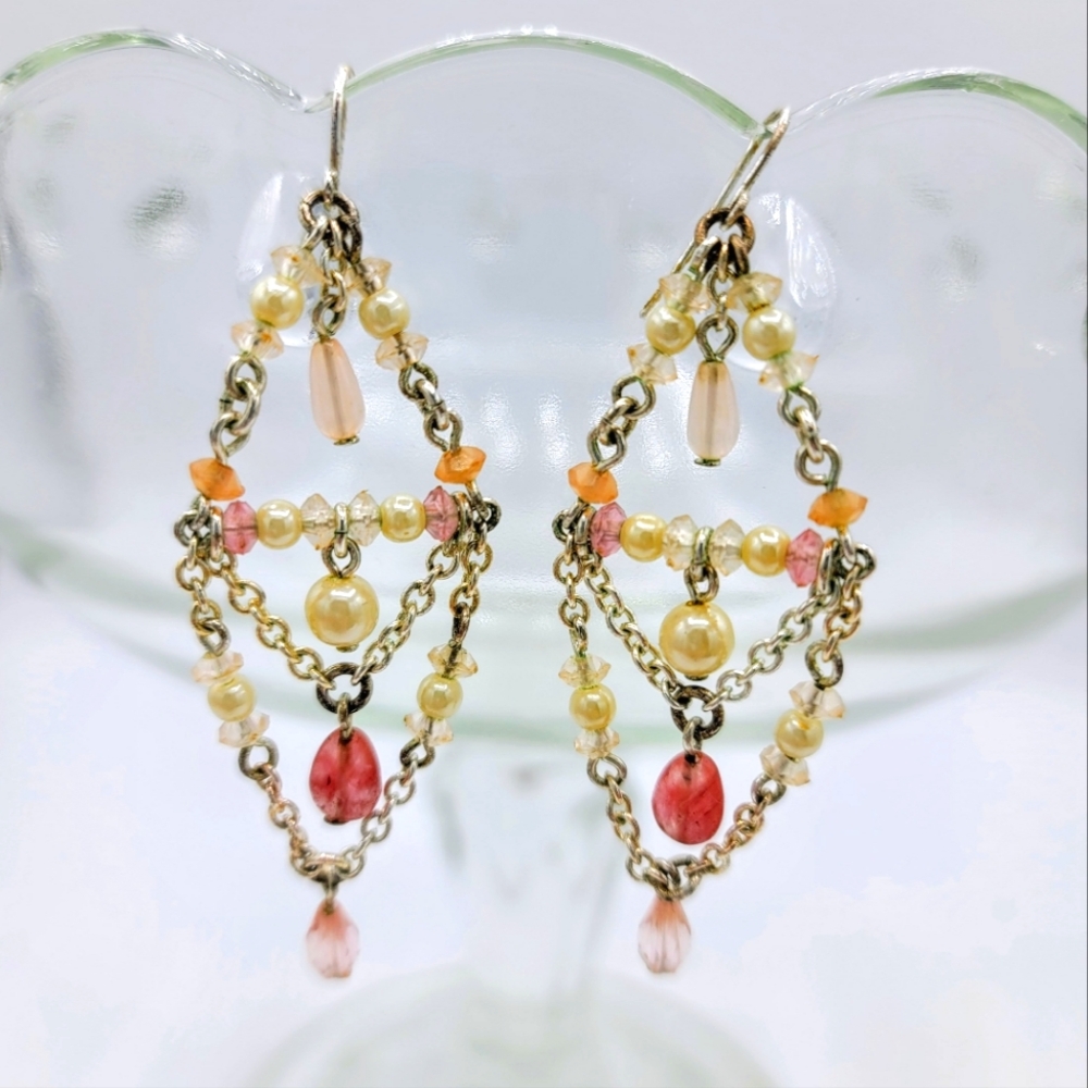 Dramatic Dangle Chandelier Earrings Faux Pearl Peach Pink Bead Bob Mackie Style